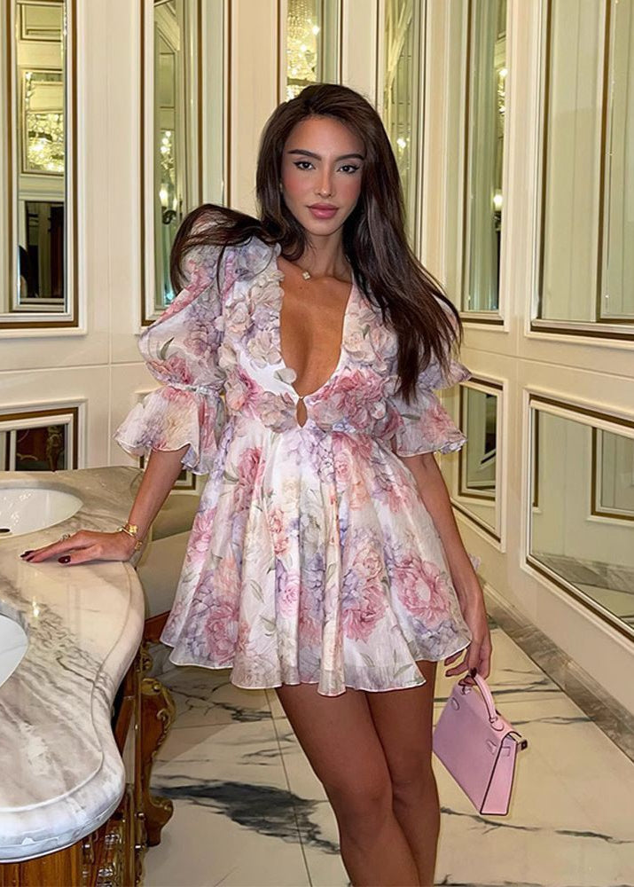 Ruffle Puff Sleeve Mini Dress – Deep V Fit and Flare Party Dress