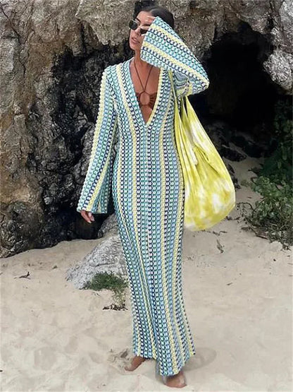 Contrast Hollow Out V-neck Maxi Dress Female Slim Loose High Street Long Sleeve Lace Dress Patchwork Long Dress