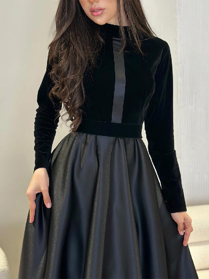 A-line Long Sleeves Pleated Split-joint Zipper Mock Neck Maxi Dresses