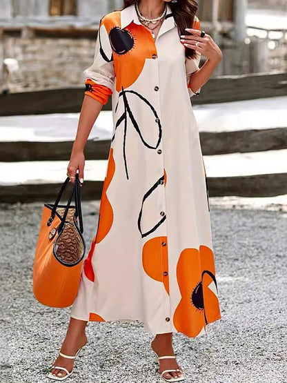 Long Sleeves Loose Printed Split-joint Lapel Maxi Dresses Shirt Dress