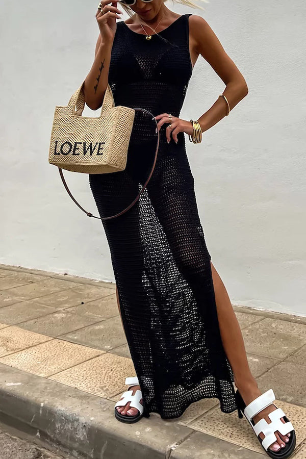Color Knitted Cutout Slit Slim Fit Maxi Dress