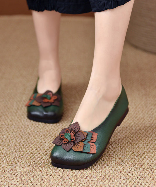 Comfortable Green Cowhide Leather Splicing Flat Shoes