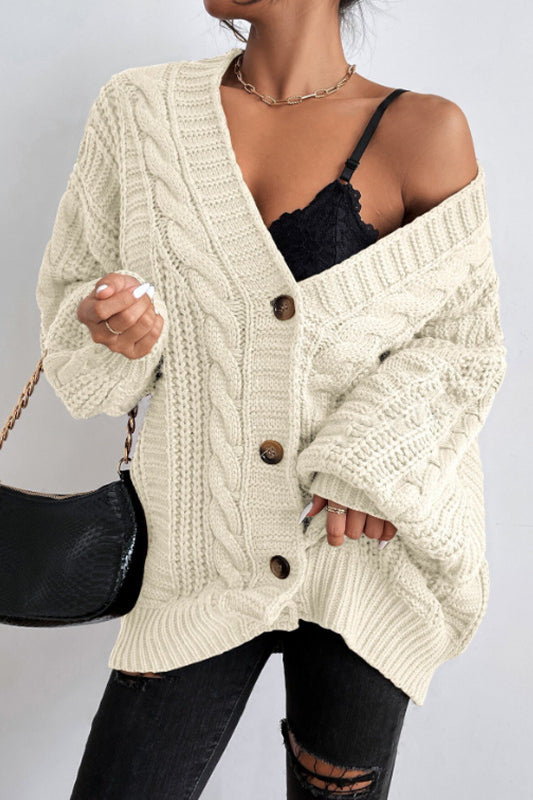 V-neck Cable Knit Balloon Sleeve Cardigan