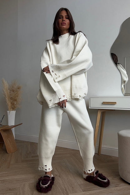 Distressed Knit Crew Neck Sweater Two Piece Set