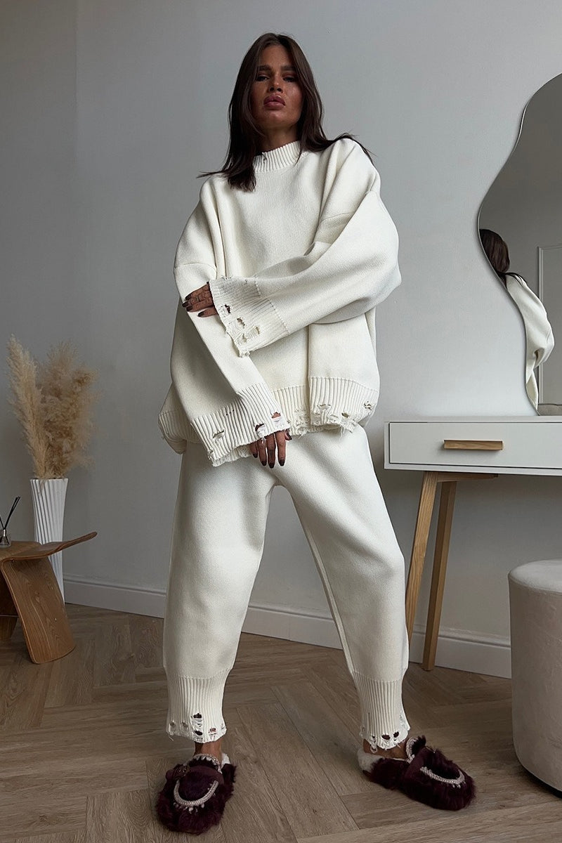 Distressed Knit Crew Neck Sweater Two Piece Set