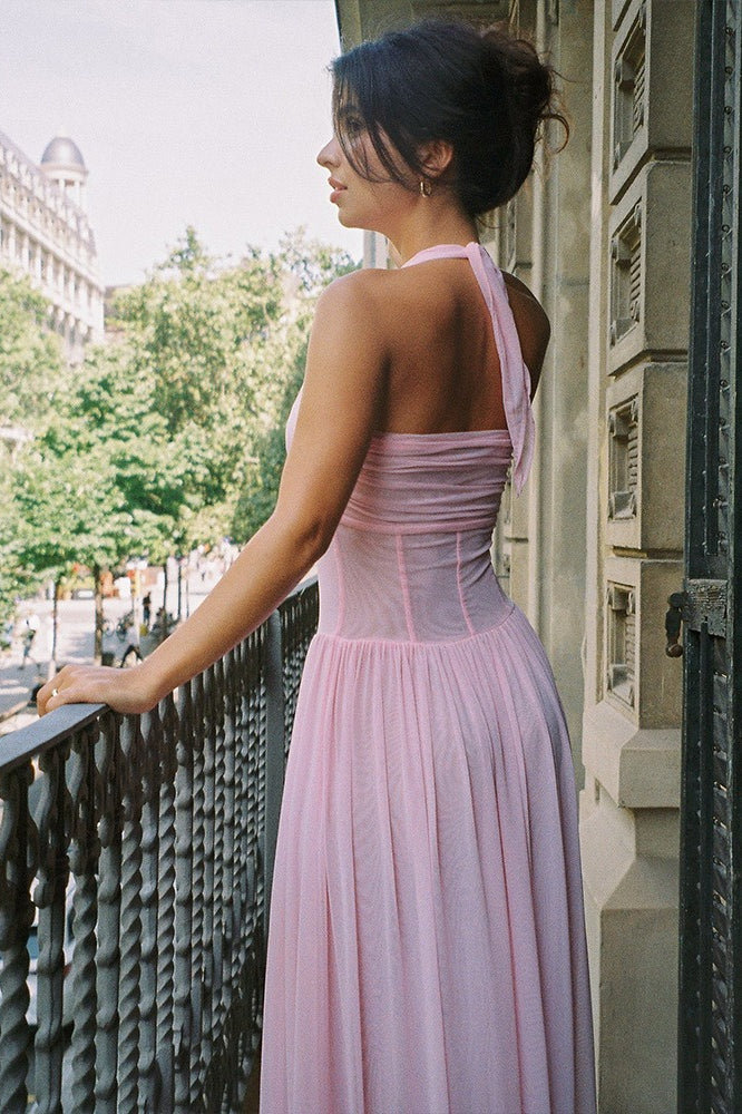 Halter V Neck Boning Waist Mesh Maxi Dress