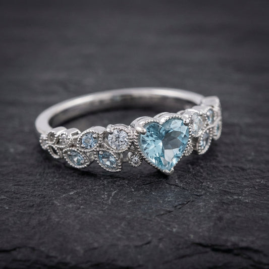 Silver Leaf Heart Blue Stone Ring