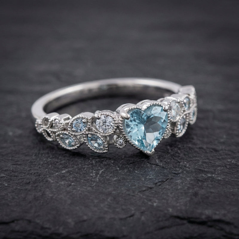 Silver Leaf Heart Blue Stone Ring