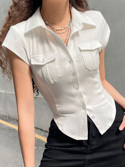 White Y2k Pocket Button Down Cropped Blouse