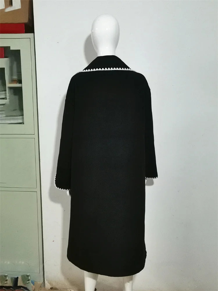 Lapel Contrast Loose Outwear Female Patchwork High Waist Long Sleeve Winter Patchwork Coat
