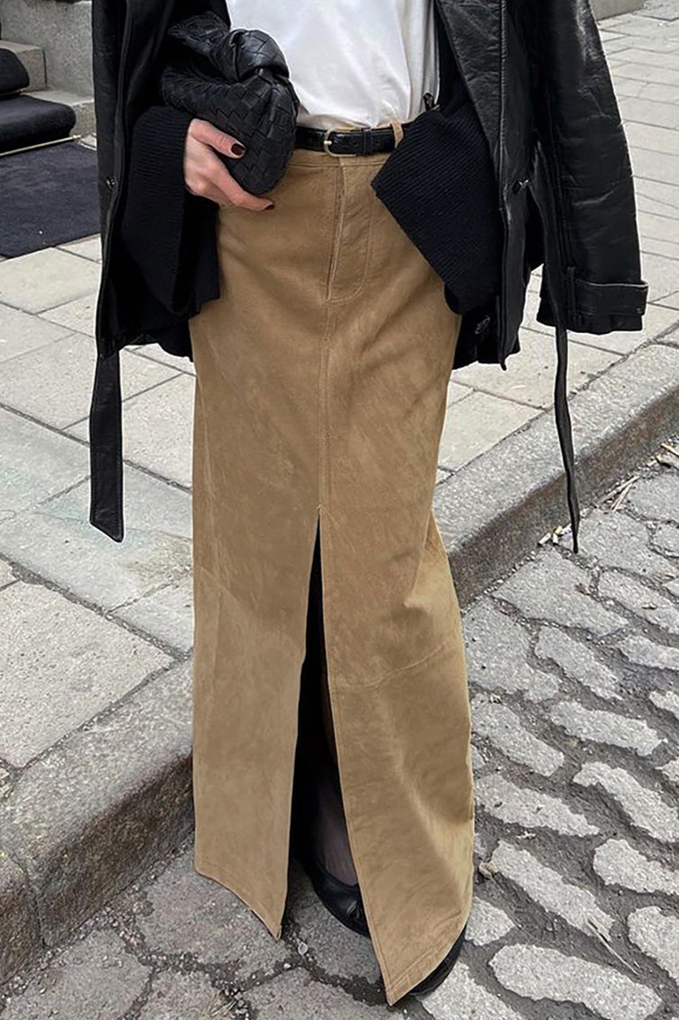 Suede Brown High Waist Split Midi Skirt