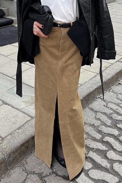 Suede Brown High Waist Split Midi Skirt