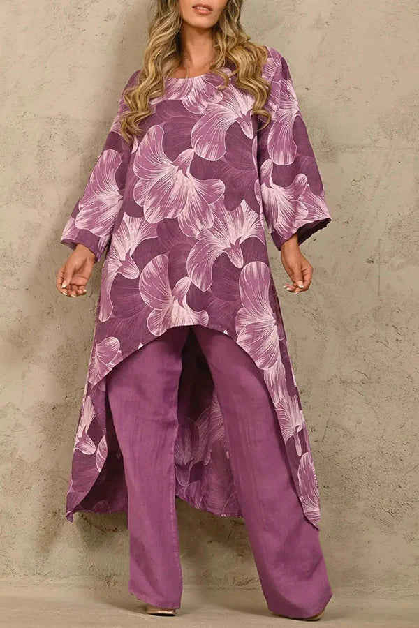 Exquisite Print Crew Neck Paneled Pant Suit