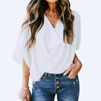 Chiffon V-neck Loose Mid Sleeve Blouse