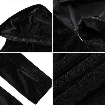 Black Corduroy Bodycon Hooded Jumpsuit Autumn New Long Sleeve V-neck Outfits Female Overalls Fitness New