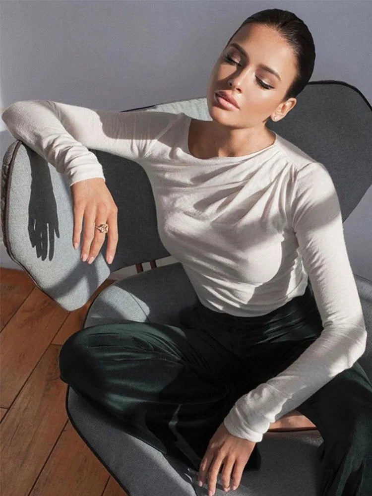 Long Sleeve Top White T-shirts Basic Crop Top Autumn Pollover Skew Neck T Shirt Basic Black Y2k Tees