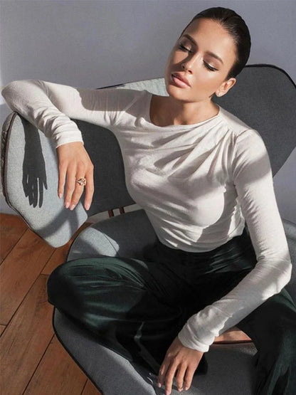 Long Sleeve Top White T-shirts Basic Crop Top Autumn Pollover Skew Neck T Shirt Basic Black Y2k Tees