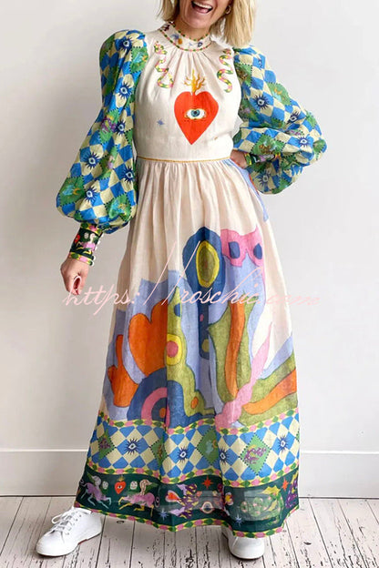 Dear to My Heart Unique Print Lantern Sleeve A-line Midi Dress