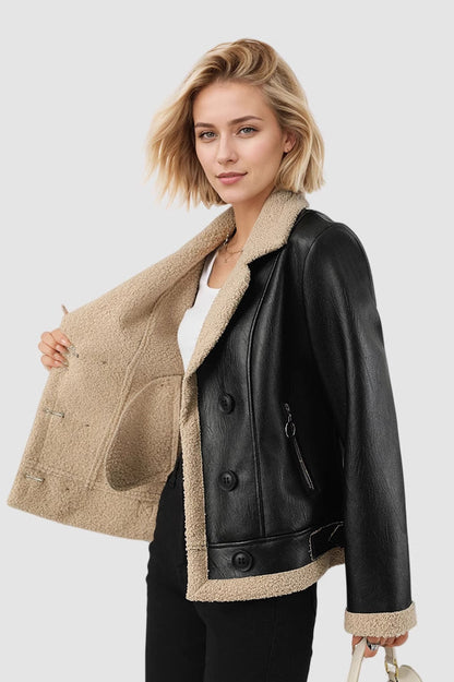 Custom Lapel Lined Pu Leather Coat
