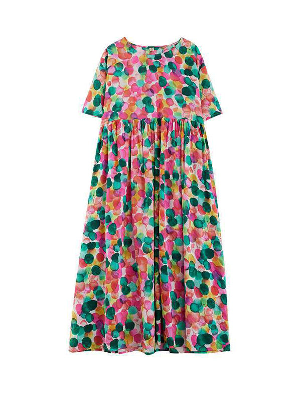 Half Sleeves Loose Pleated Polka-dot Printed Split-joint Round-neck Midi Dresses