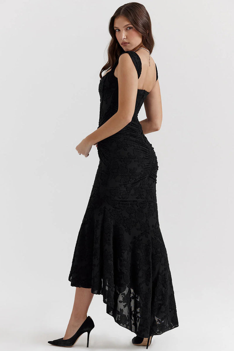 Embroidered Lace Ruched Maxi Dress
