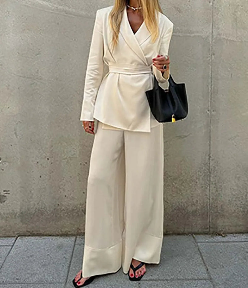 Apricot Lace-up Straight Trousers Office Two Piece Set