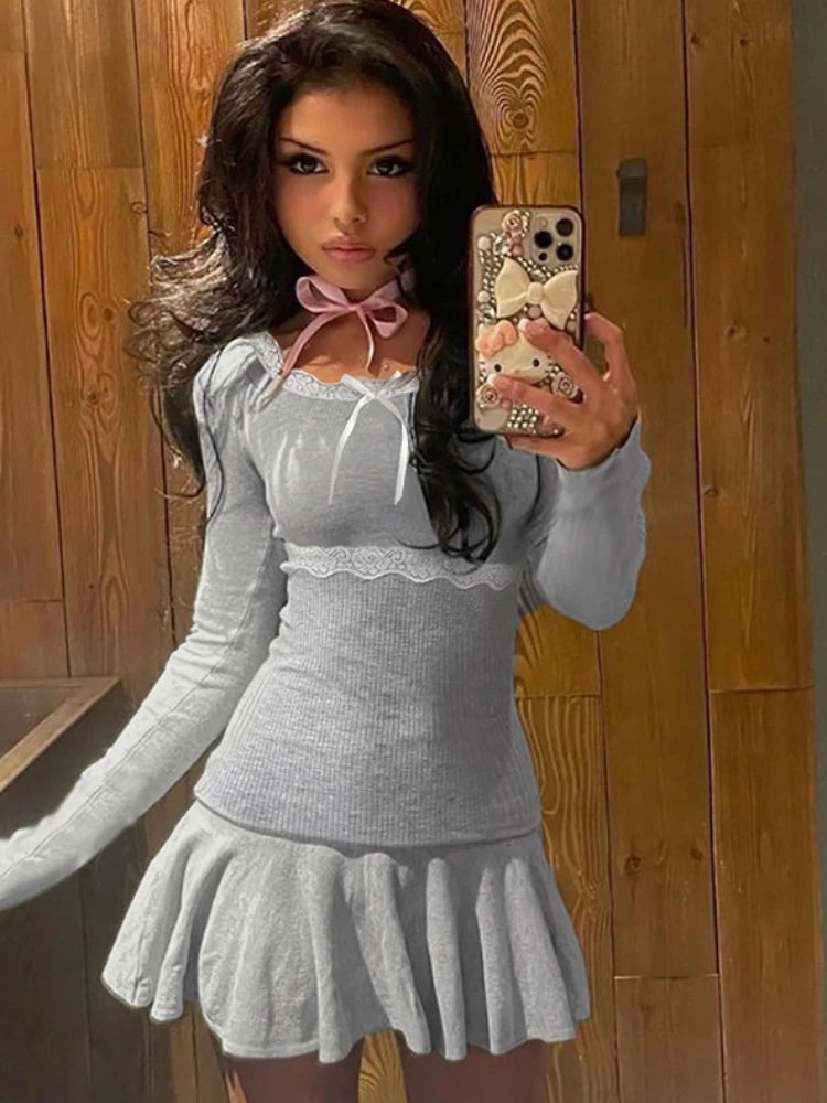 Knitted Mini Dress for Rib High Waist Splice Lace Dresses Femme Slim Folds Dress Woman Autumn