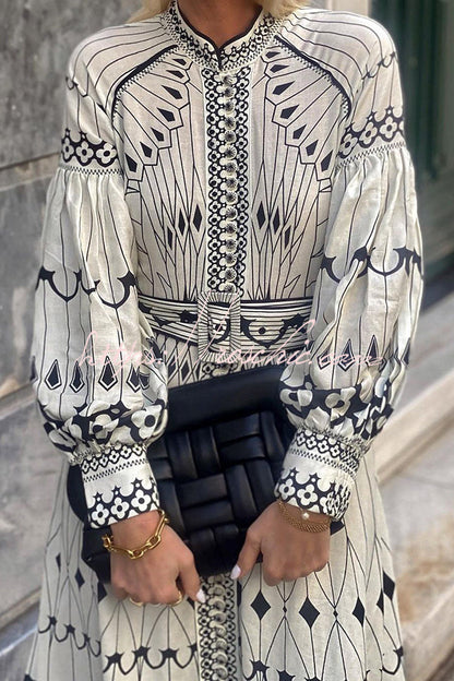 Perfect for Spring Linen Blend Print Button Balloon Sleeve Belted Shirt Midi Dress