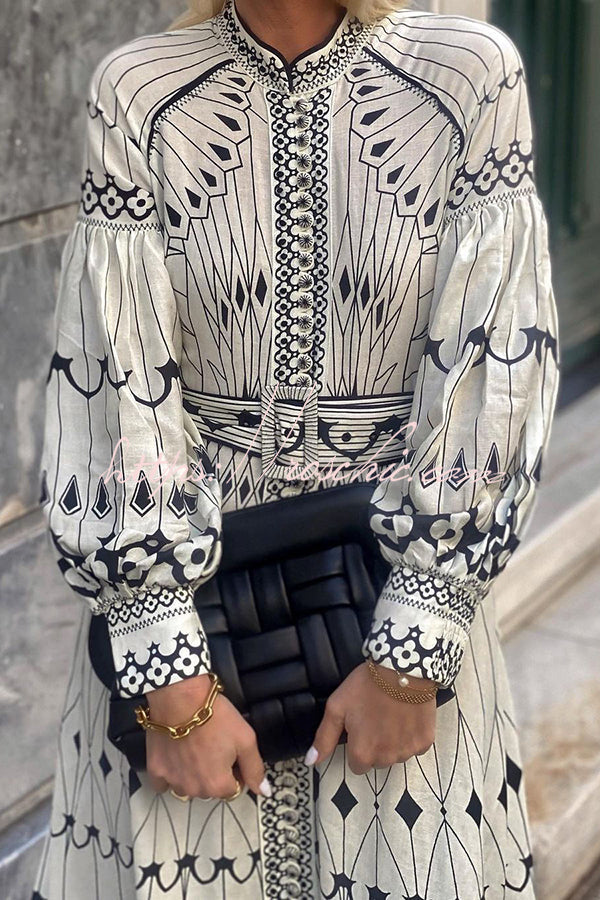 Perfect for Spring Linen Blend Print Button Balloon Sleeve Belted Shirt Midi Dress