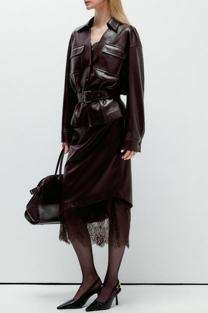 Lace Trim Leather Skirt