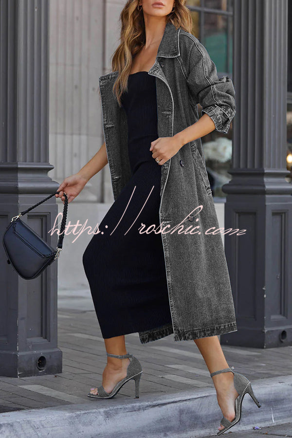 Color Denim Double Pocket Button Down Midi Trench Coat
