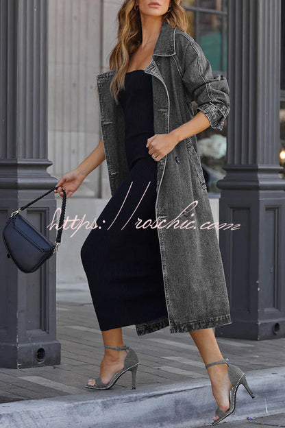 Color Denim Double Pocket Button Down Midi Trench Coat