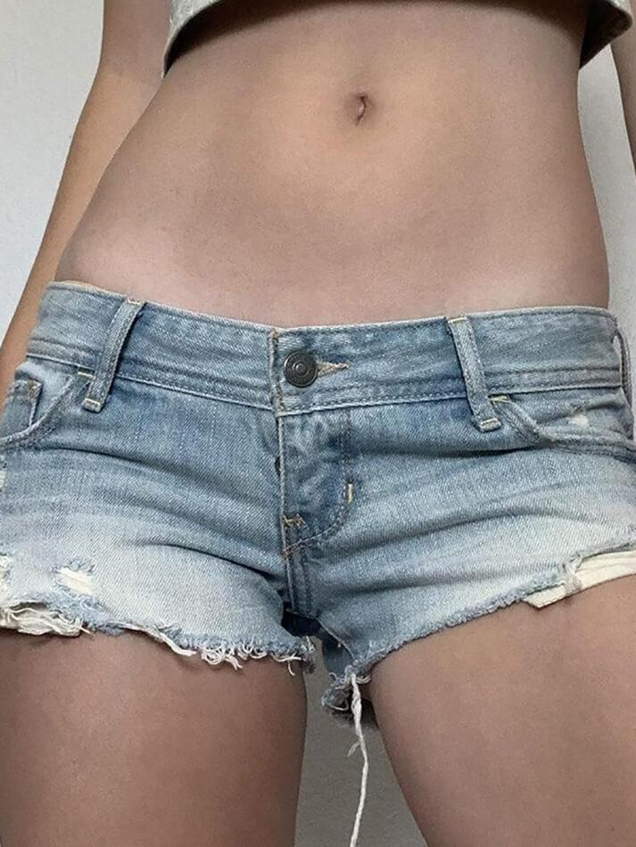 Blue Low Rise Frayed Denim Shorts