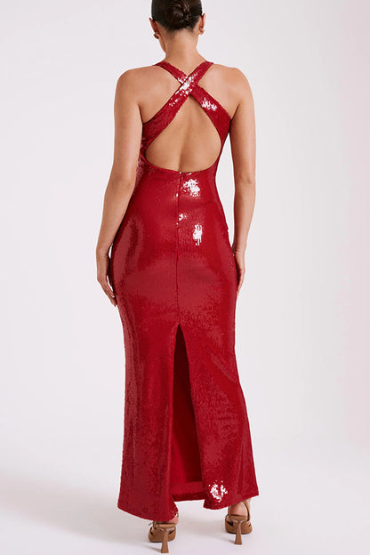 Sicilian Rose Sequin Three-dimensional Backless Maxi Dress