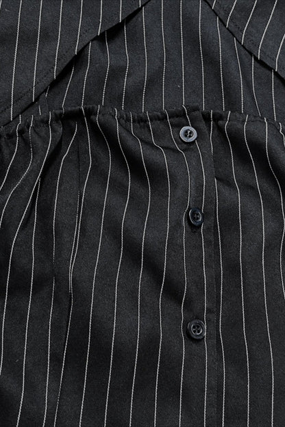 Striped Collared Buttoned Hollow Long Sleeve Blouse