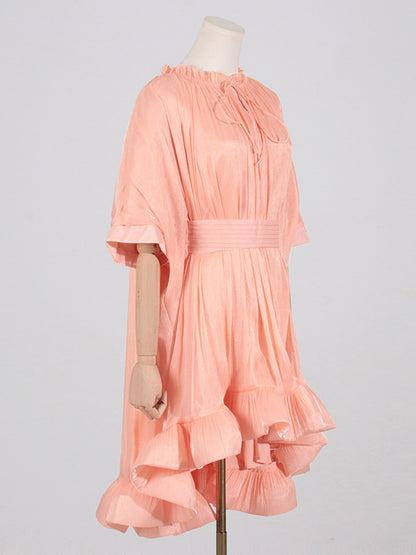 High-low Loose Pleated Split-joint Stand Collar Mini Dresses