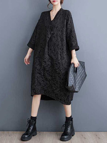 A-line Half Sleeves Asymmetric Buttoned Jacquard V-neck Midi Dresses