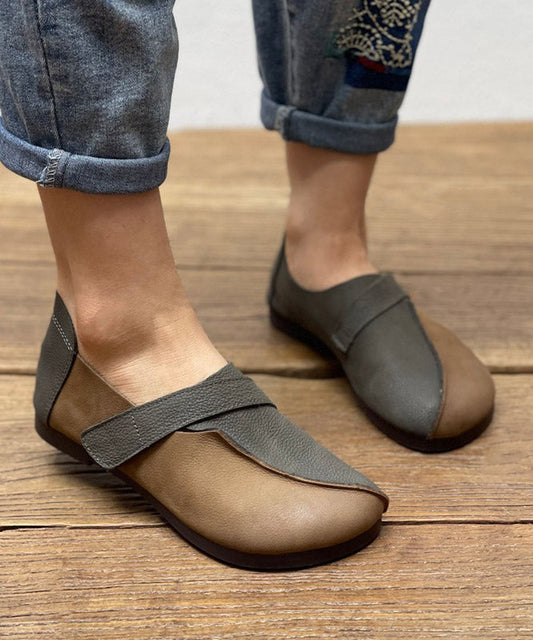 Grey Splicing Cowhide Leather Ox Tendon Flat Feet Shoes