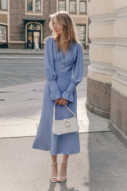 Lantern Sleeve V-neck Bodycon Maxi Dress