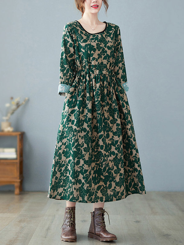 Artistic Retro Ramie Cotton Printed Pleated Round-neck Long Sleeves Midi Dress