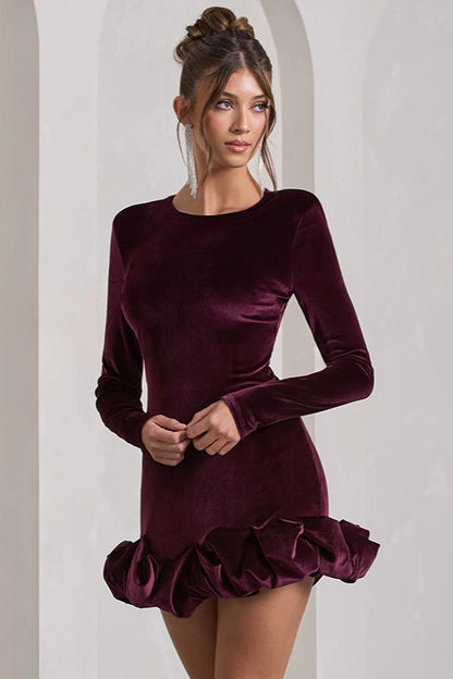 Luxe Velvet Crew Neck Pleated Long Sleeve Mini Dress