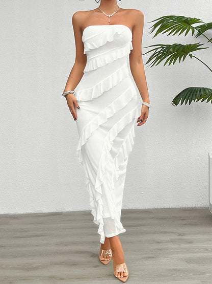 Bodycon High Waisted Ruffle Trim Color Split-back Split-joint Tube Maxi Dresses