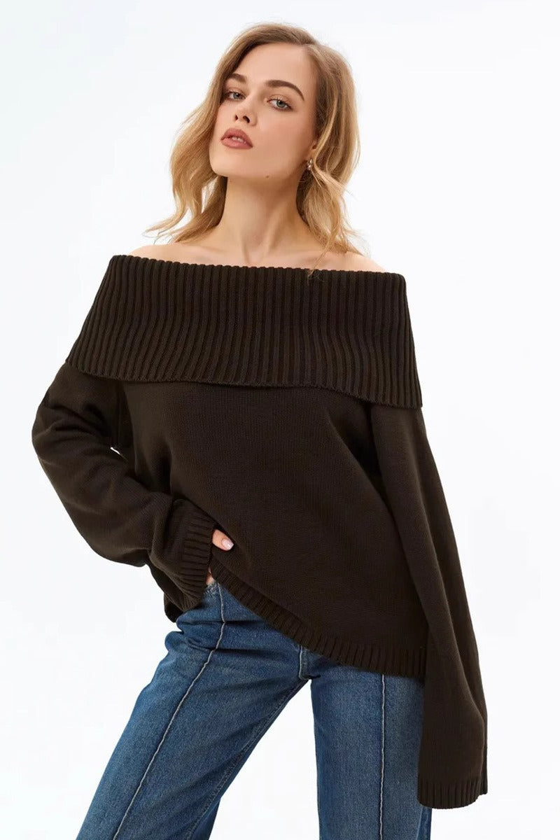 Color Off Shoulder Knitted Sweater