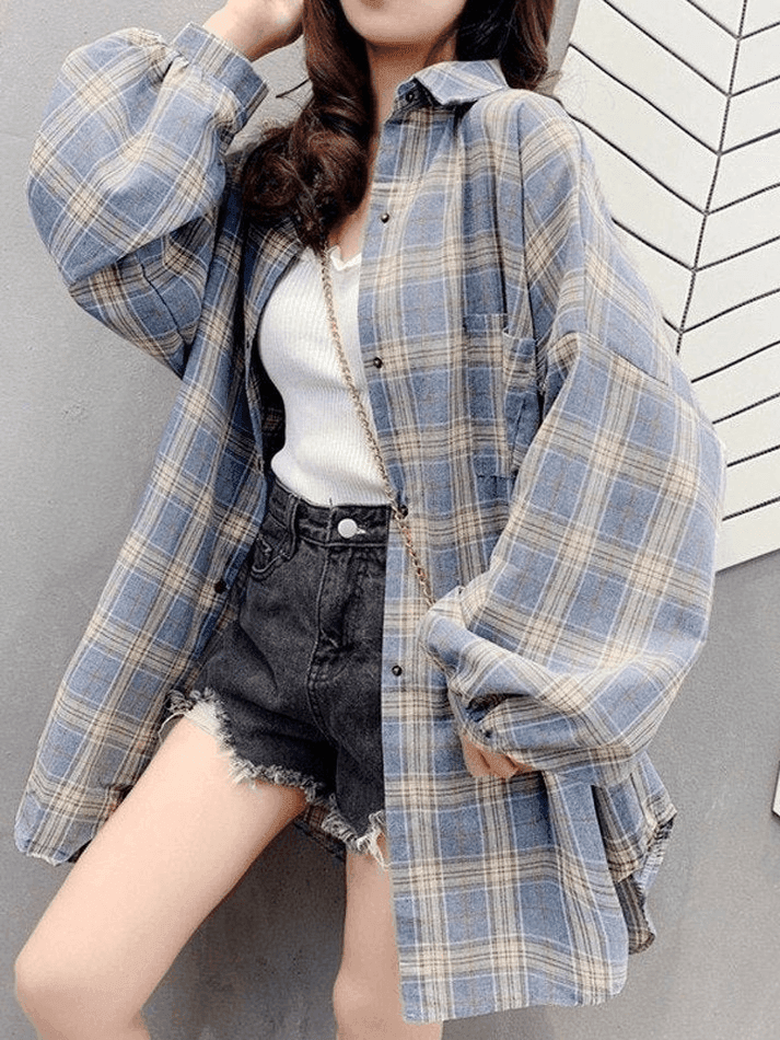Checkered Oversized Long Sleeve Button Blouse