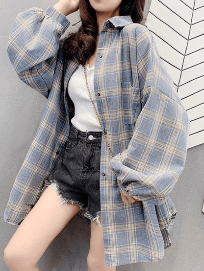 Checkered Oversized Long Sleeve Button Blouse