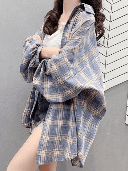 Checkered Oversized Long Sleeve Button Blouse