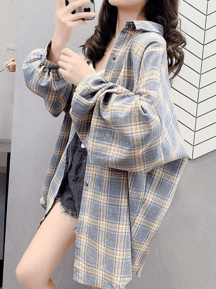 Checkered Oversized Long Sleeve Button Blouse
