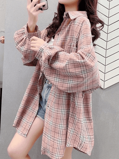Checkered Oversized Long Sleeve Button Blouse
