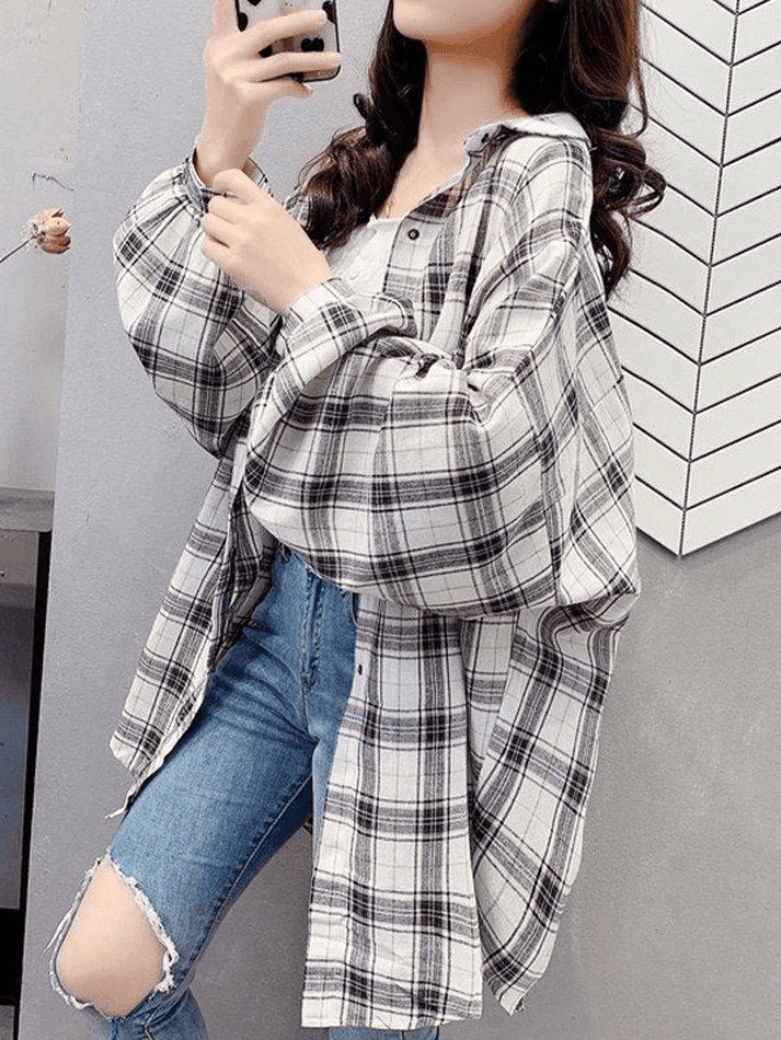 Checkered Oversized Long Sleeve Button Blouse