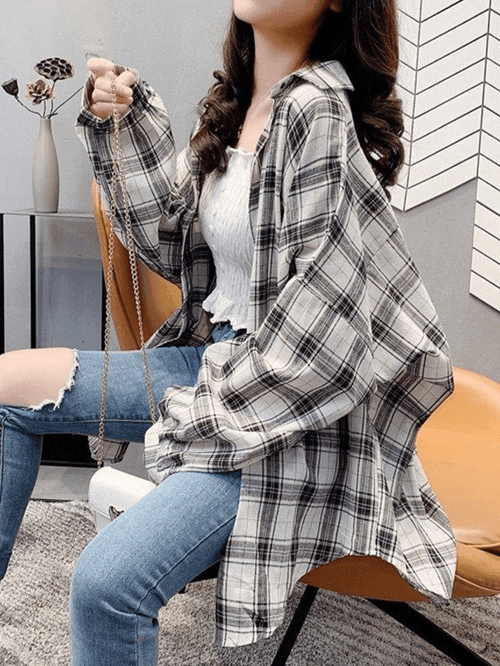 Checkered Oversized Long Sleeve Button Blouse